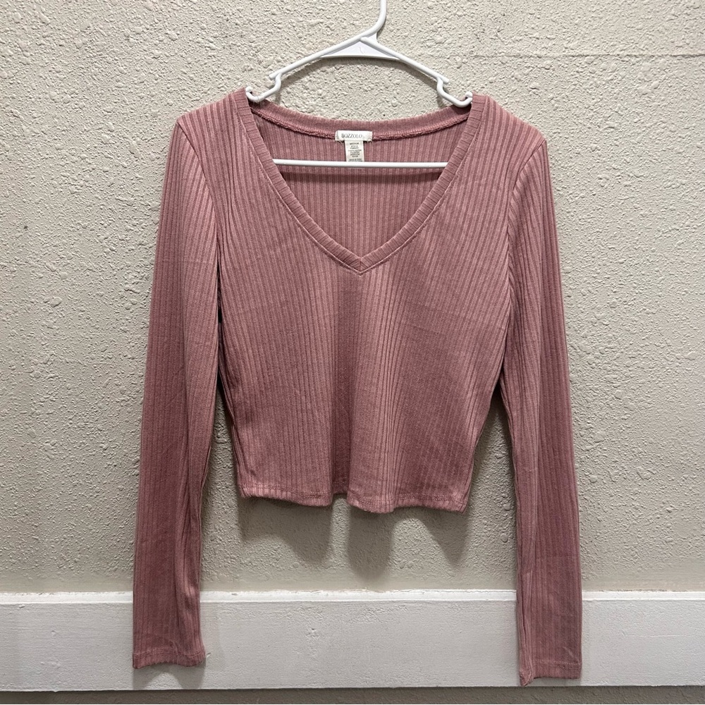 BOZZOLO Blush Pink Ribbed Long Sleeve Crop Top M